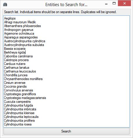 Example usage of the add Search Entities dialog. A species list pasted from Excel.
