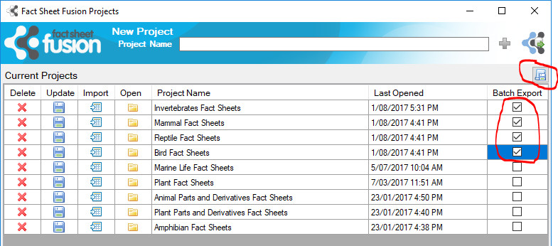 Batch export options within Projects dialog