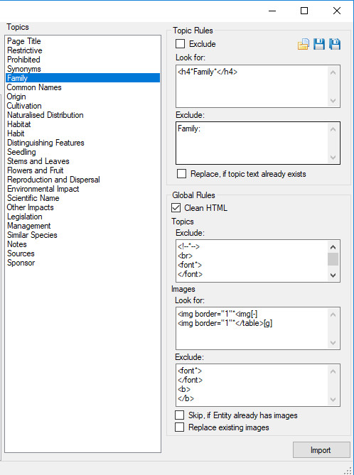 Topics and import rules panel