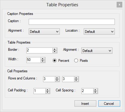 Table Properties dialog