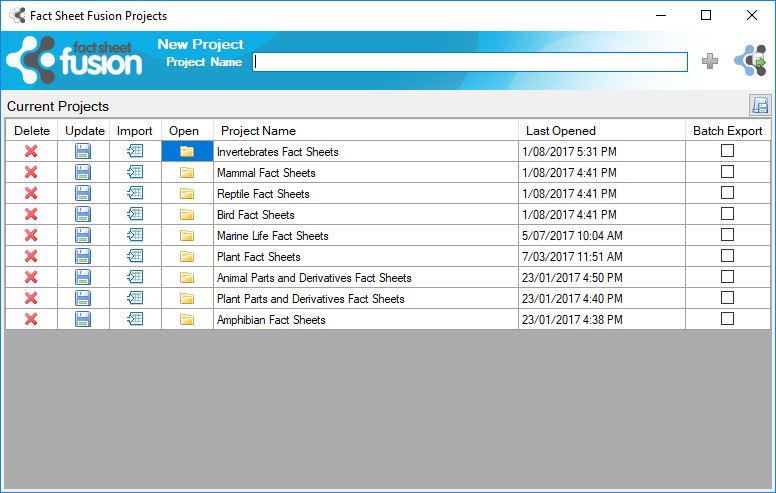 Fact Sheet Fusion Project dialog