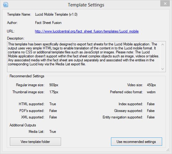 Template Settings dialog