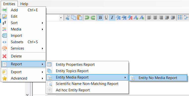 Entity No Media Report menu option