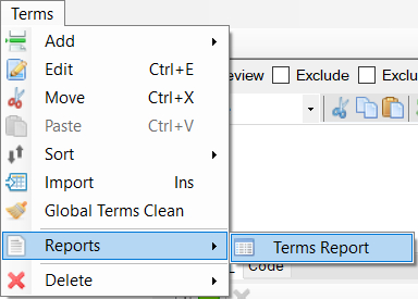 Glossary Term report menu option, via the Glossary manager