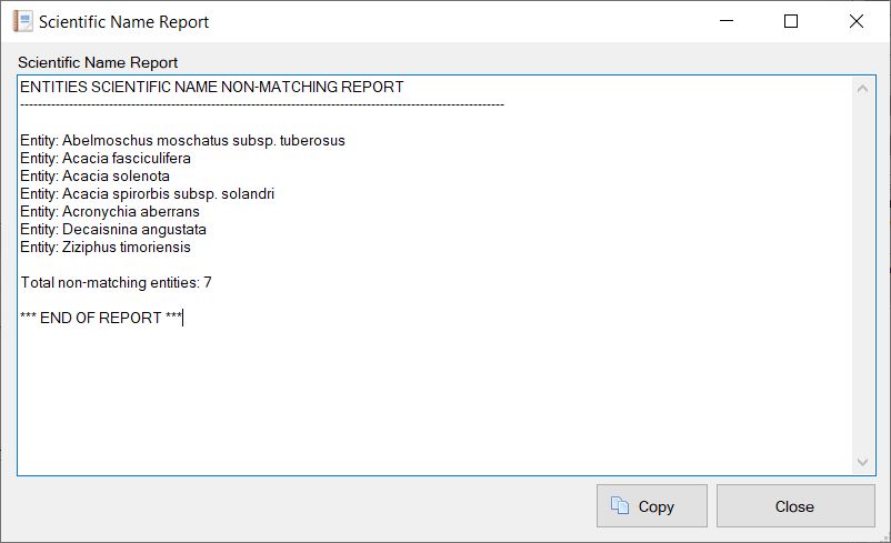 Entity Scientific Name Non-Matching report example