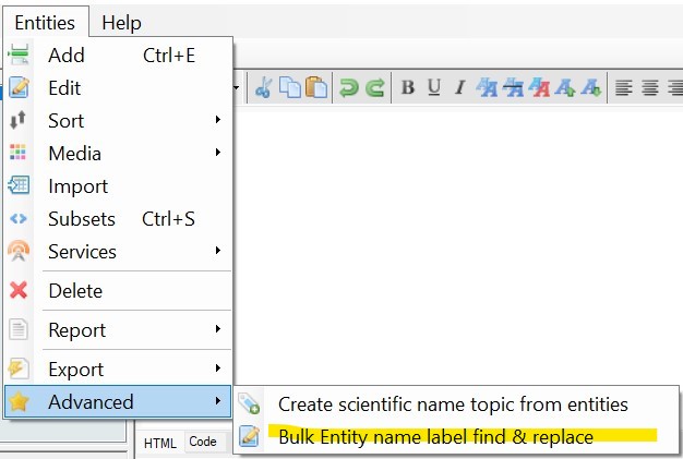 Bulk entity label find and replace menu option