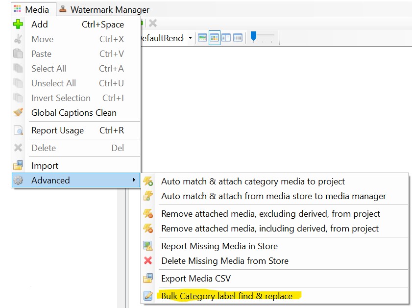 Media Manager Advanced option Bulk Category label find and replace