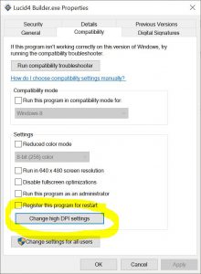 Lucid Builder Executable Properties High DPI Settings
