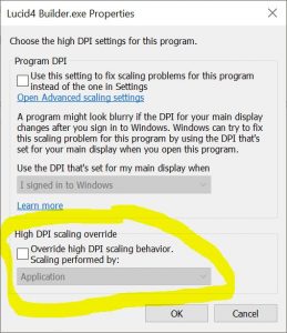 Lucid Builder Executable High DPI Settings dialog